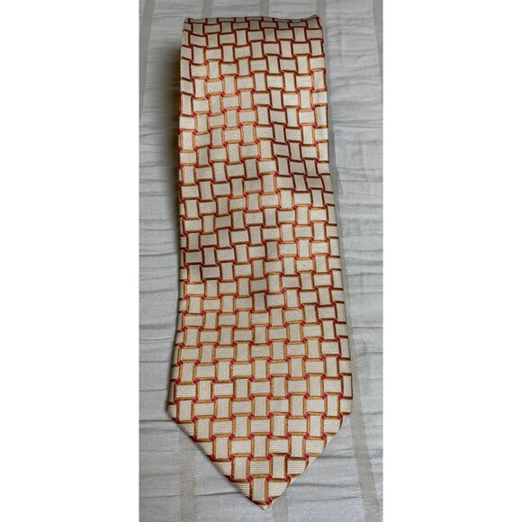 Giorgio Armani Mens 100% Silk Tie with Geometric Pattern Beige & Red - Picture 2 of 4